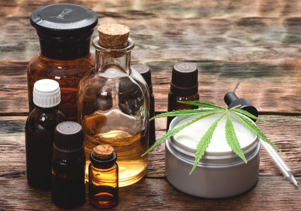 Cannabis face cream or moisturizer jar concept. Natural cosmetic.